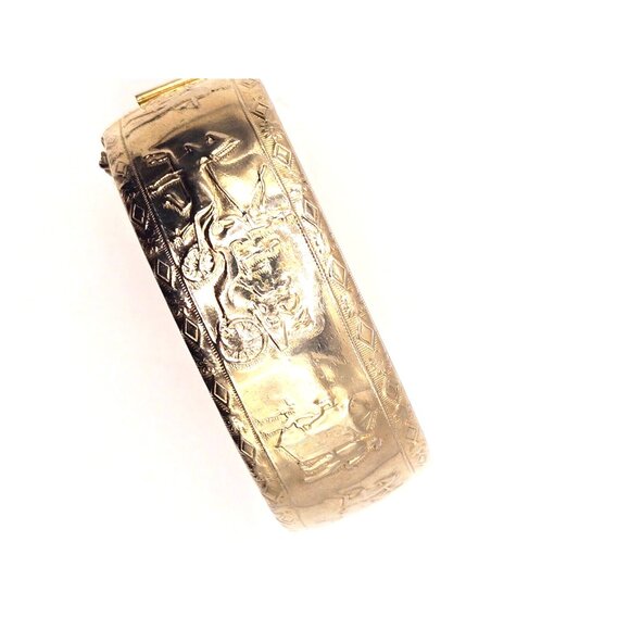 Vintage Hinged Chunky Gold Bracelet wChain 1940s Marked Japan Engraved Victorian - Picture 4 of 9